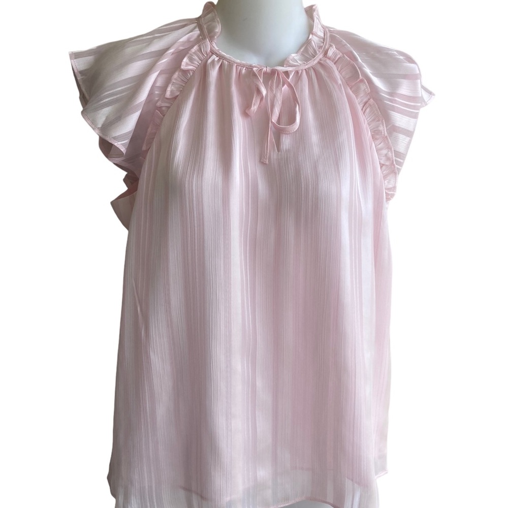 Ann Taylor Factory Pink Striped Sateen Blouse Top XSP Ruffle High Neck New